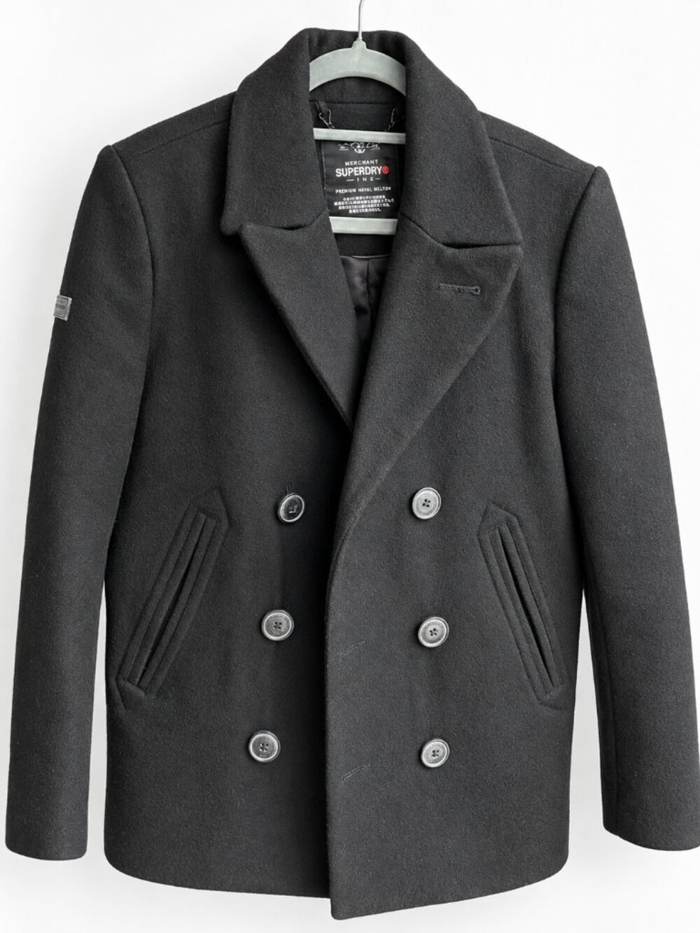 Superdry Merchant Premium Naval Melton Black Wool Peacoat Size S